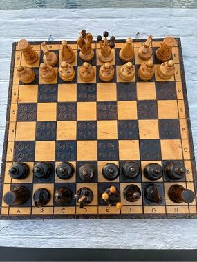 Vintage Polish Folk Art Pyrography Wooden Chess Set Rustic & Traditional